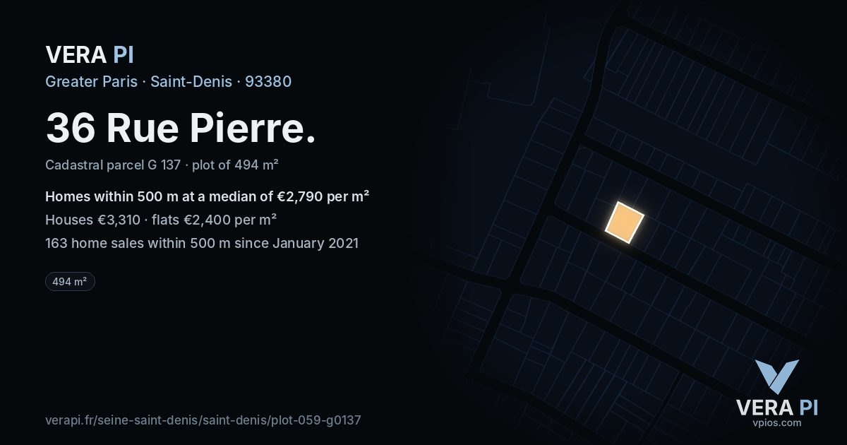 36 Rue Pierre, Saint-Denis at night – the plot lit, the parcels around coloured by the prices near them