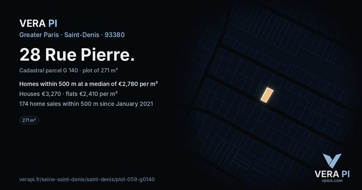 28 Rue Pierre, Saint-Denis at night – the plot lit, the parcels around coloured by the prices near them