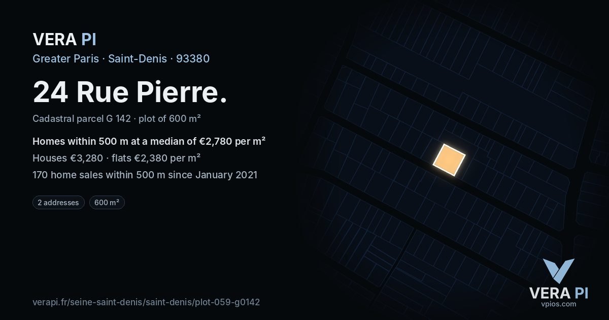 24 Rue Pierre, Saint-Denis at night – the plot lit, the parcels around coloured by the prices near them