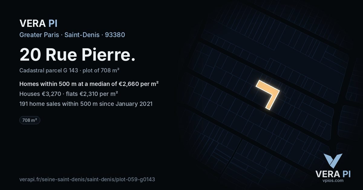 20 Rue Pierre, Saint-Denis at night – the plot lit, the parcels around coloured by the prices near them