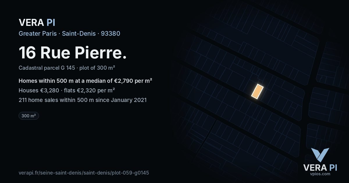 16 Rue Pierre, Saint-Denis at night – the plot lit, the parcels around coloured by the prices near them