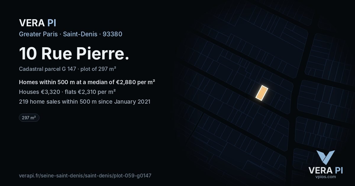 10 Rue Pierre, Saint-Denis at night – the plot lit, the parcels around coloured by the prices near them