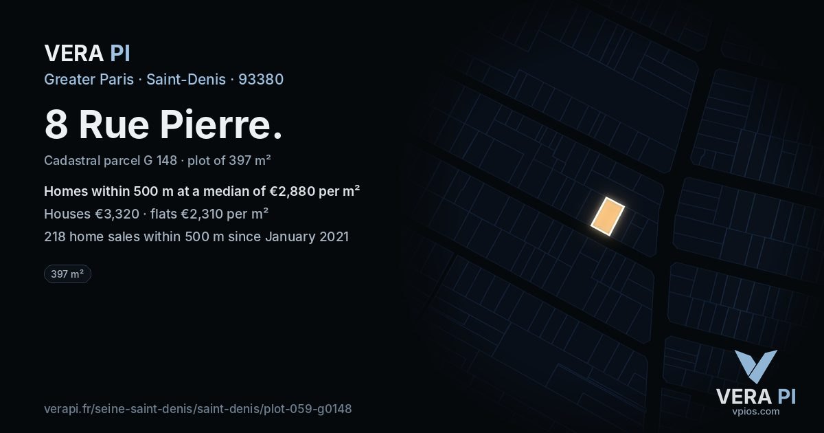 8 Rue Pierre, Saint-Denis at night – the plot lit, the parcels around coloured by the prices near them