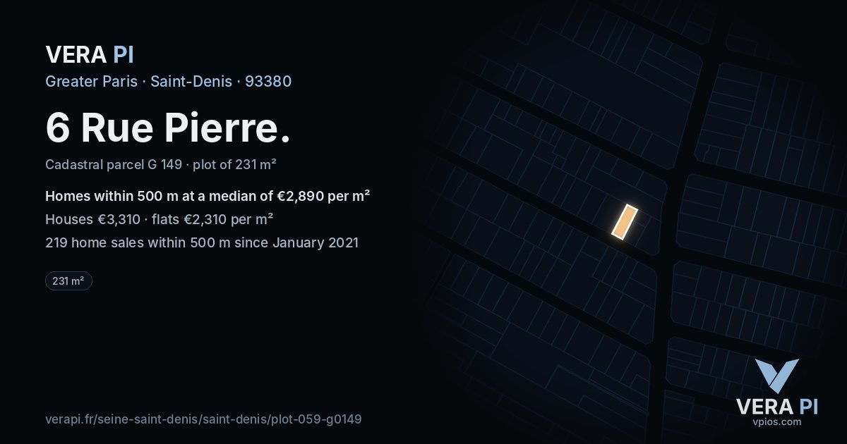6 Rue Pierre, Saint-Denis at night – the plot lit, the parcels around coloured by the prices near them