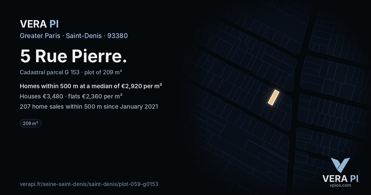5 Rue Pierre, Saint-Denis at night – the plot lit, the parcels around coloured by the prices near them