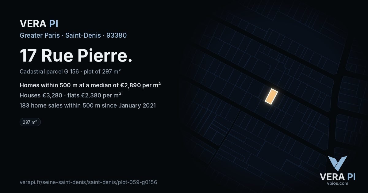 17 Rue Pierre, Saint-Denis at night – the plot lit, the parcels around coloured by the prices near them