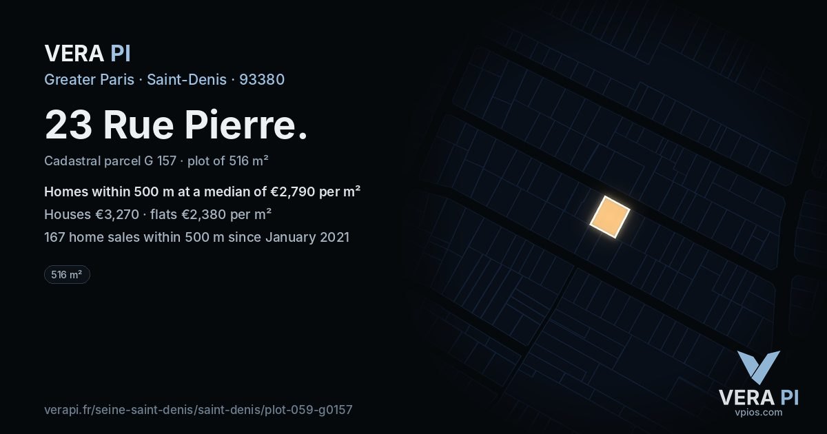 23 Rue Pierre, Saint-Denis at night – the plot lit, the parcels around coloured by the prices near them
