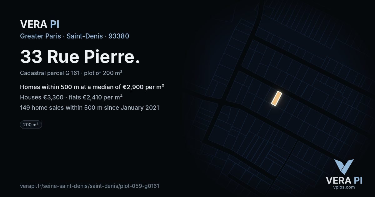 33 Rue Pierre, Saint-Denis at night – the plot lit, the parcels around coloured by the prices near them