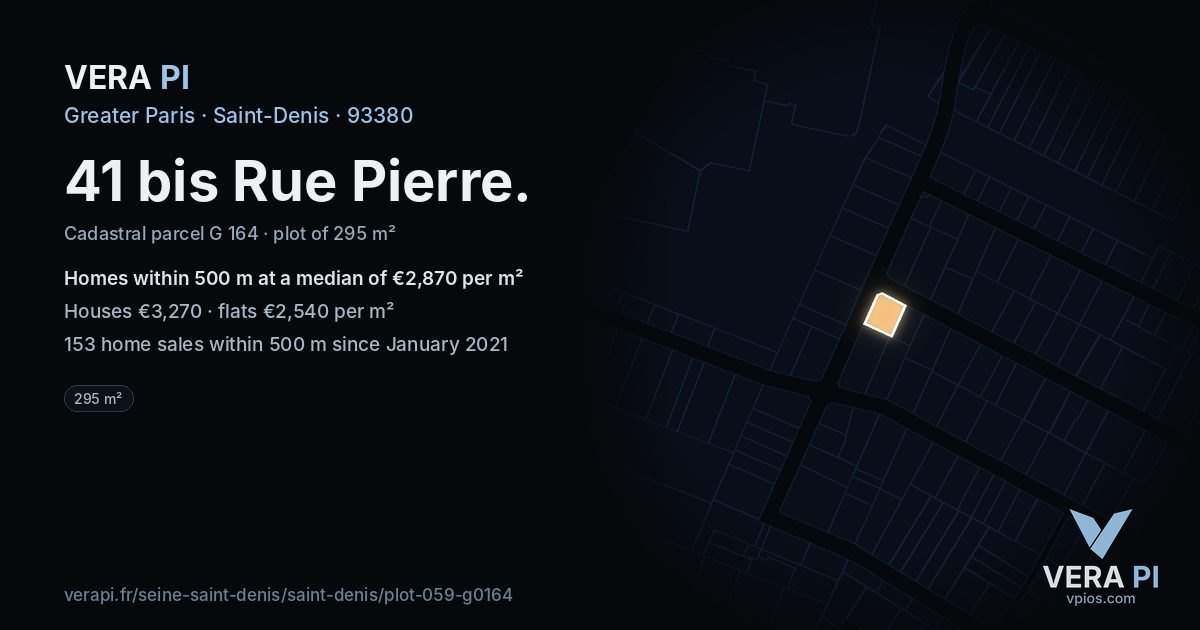 41 bis Rue Pierre, Saint-Denis at night – the plot lit, the parcels around coloured by the prices near them