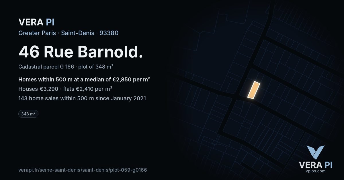 46 Rue Barnold, Saint-Denis at night – the plot lit, the parcels around coloured by the prices near them