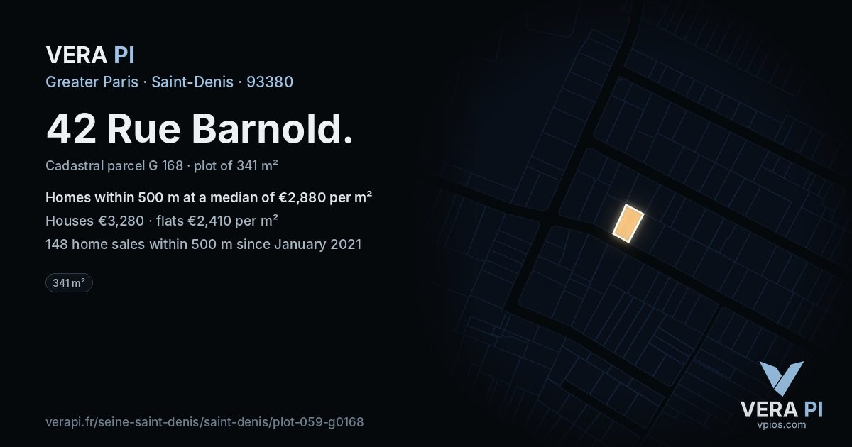 42 Rue Barnold, Saint-Denis at night – the plot lit, the parcels around coloured by the prices near them