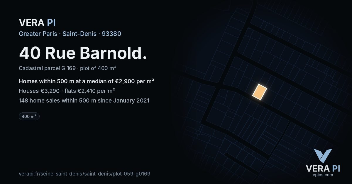 40 Rue Barnold, Saint-Denis at night – the plot lit, the parcels around coloured by the prices near them