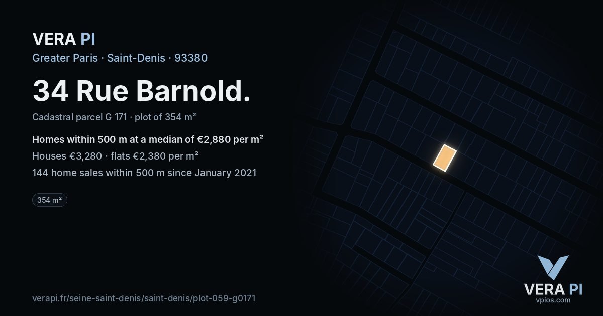 34 Rue Barnold, Saint-Denis at night – the plot lit, the parcels around coloured by the prices near them