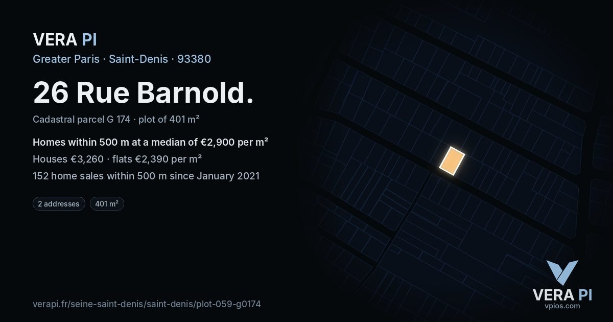 26 Rue Barnold, Saint-Denis at night – the plot lit, the parcels around coloured by the prices near them