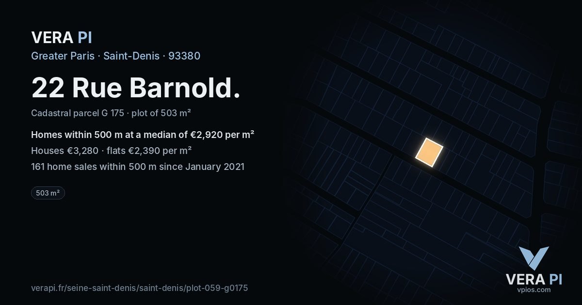 22 Rue Barnold, Saint-Denis at night – the plot lit, the parcels around coloured by the prices near them