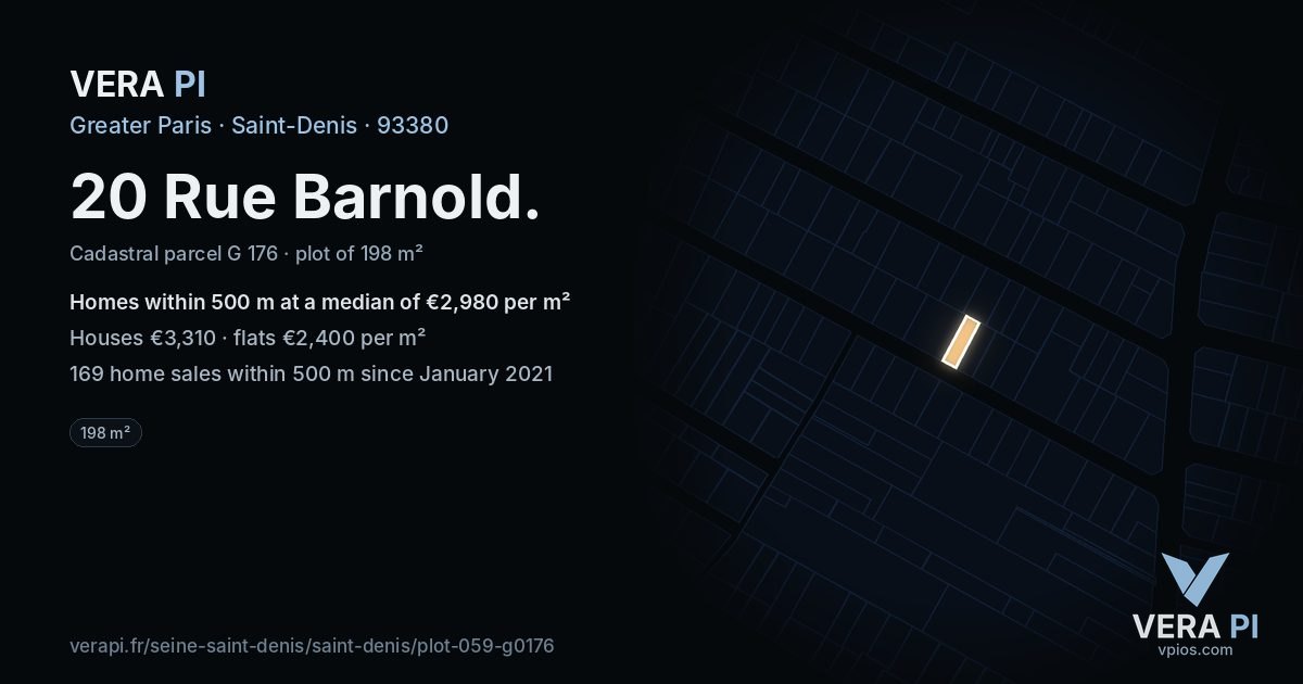 20 Rue Barnold, Saint-Denis at night – the plot lit, the parcels around coloured by the prices near them