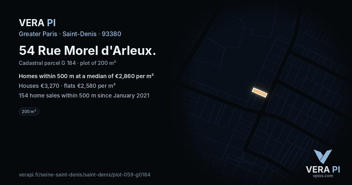 54 Rue Morel d'Arleux, Saint-Denis at night – the plot lit, the parcels around coloured by the prices near them
