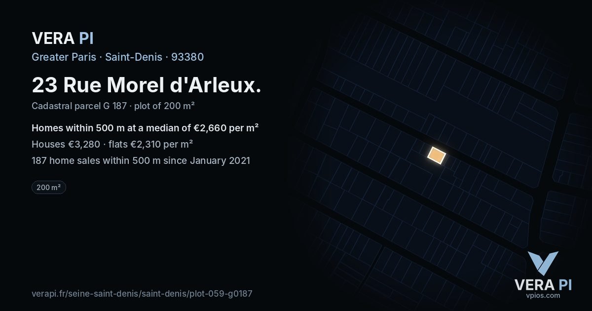 23 Rue Morel d'Arleux, Saint-Denis at night – the plot lit, the parcels around coloured by the prices near them