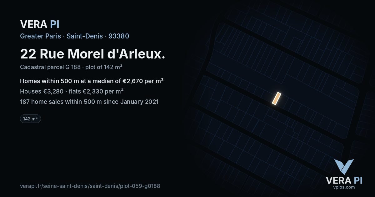 22 Rue Morel d'Arleux, Saint-Denis at night – the plot lit, the parcels around coloured by the prices near them
