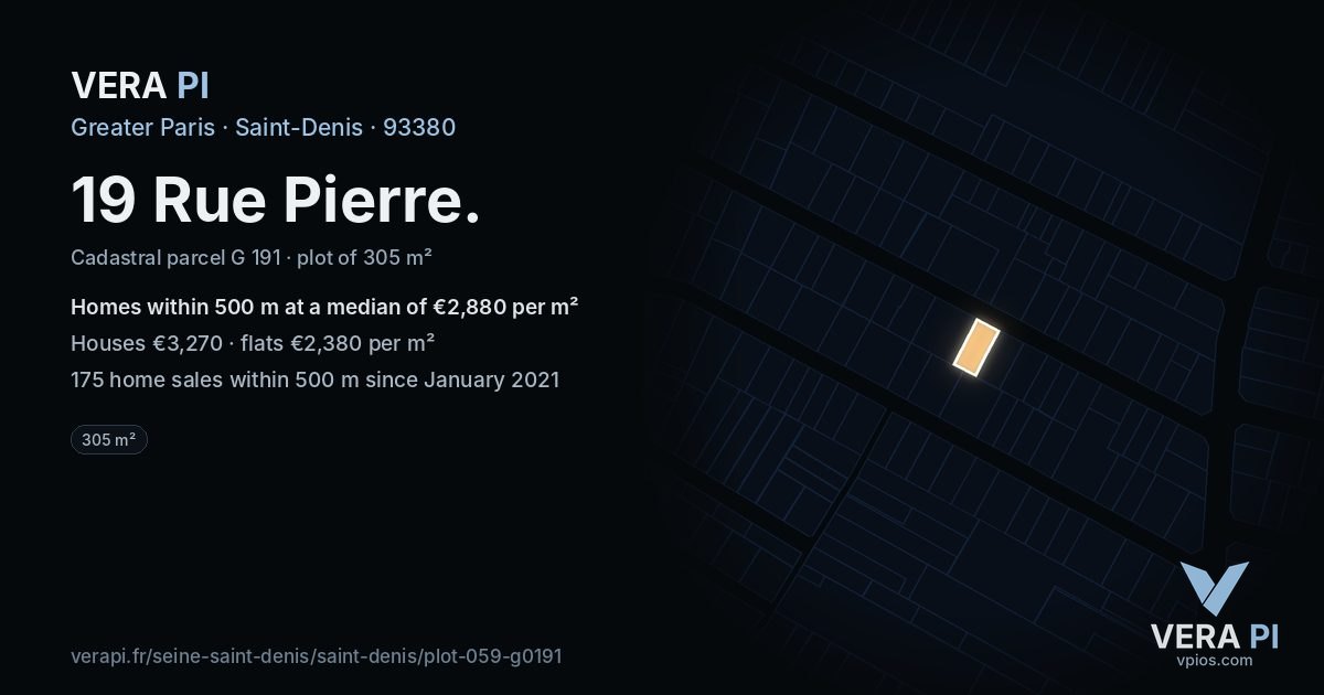 19 Rue Pierre, Saint-Denis at night – the plot lit, the parcels around coloured by the prices near them