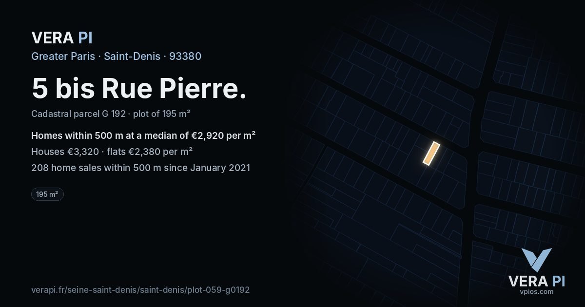 5 bis Rue Pierre, Saint-Denis at night – the plot lit, the parcels around coloured by the prices near them