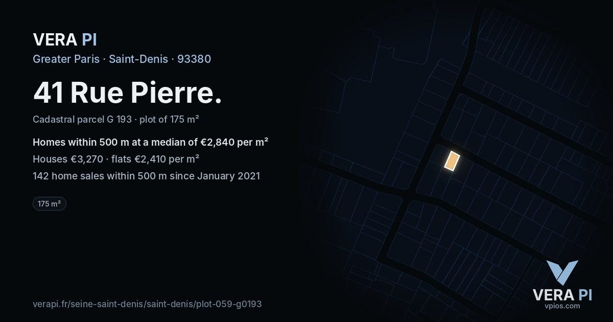 41 Rue Pierre, Saint-Denis at night – the plot lit, the parcels around coloured by the prices near them