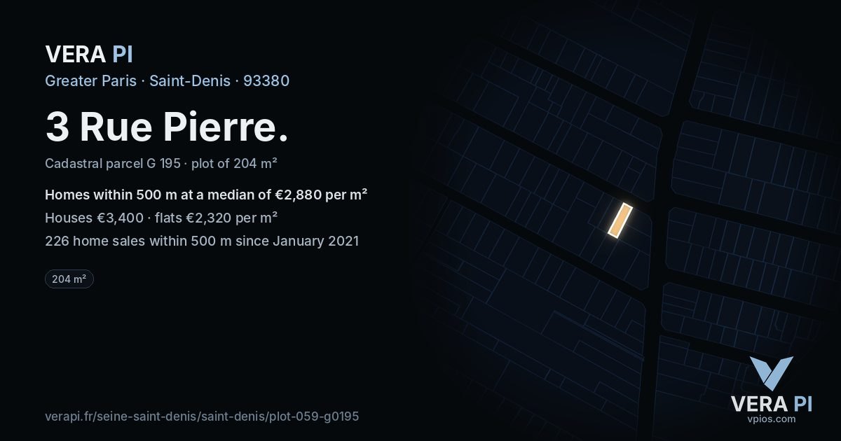 3 Rue Pierre, Saint-Denis at night – the plot lit, the parcels around coloured by the prices near them