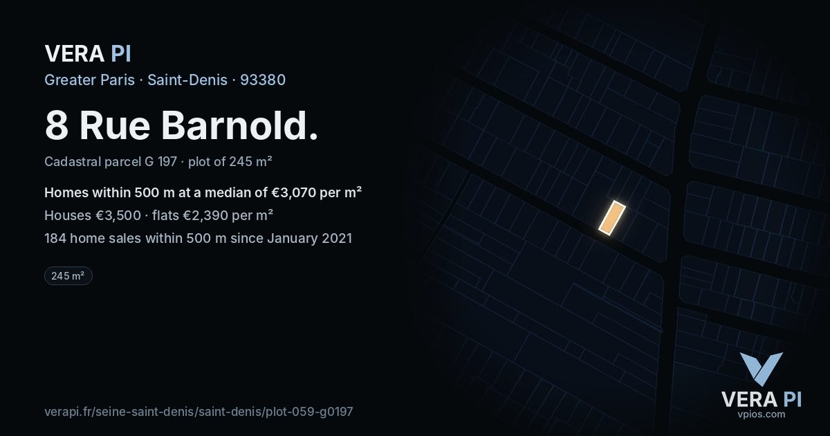 8 Rue Barnold, Saint-Denis at night – the plot lit, the parcels around coloured by the prices near them