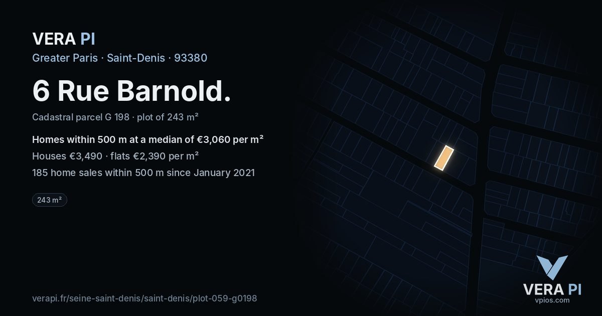 6 Rue Barnold, Saint-Denis at night – the plot lit, the parcels around coloured by the prices near them