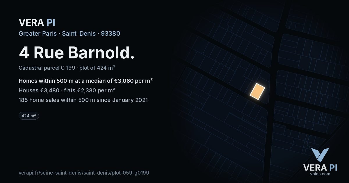 4 Rue Barnold, Saint-Denis at night – the plot lit, the parcels around coloured by the prices near them