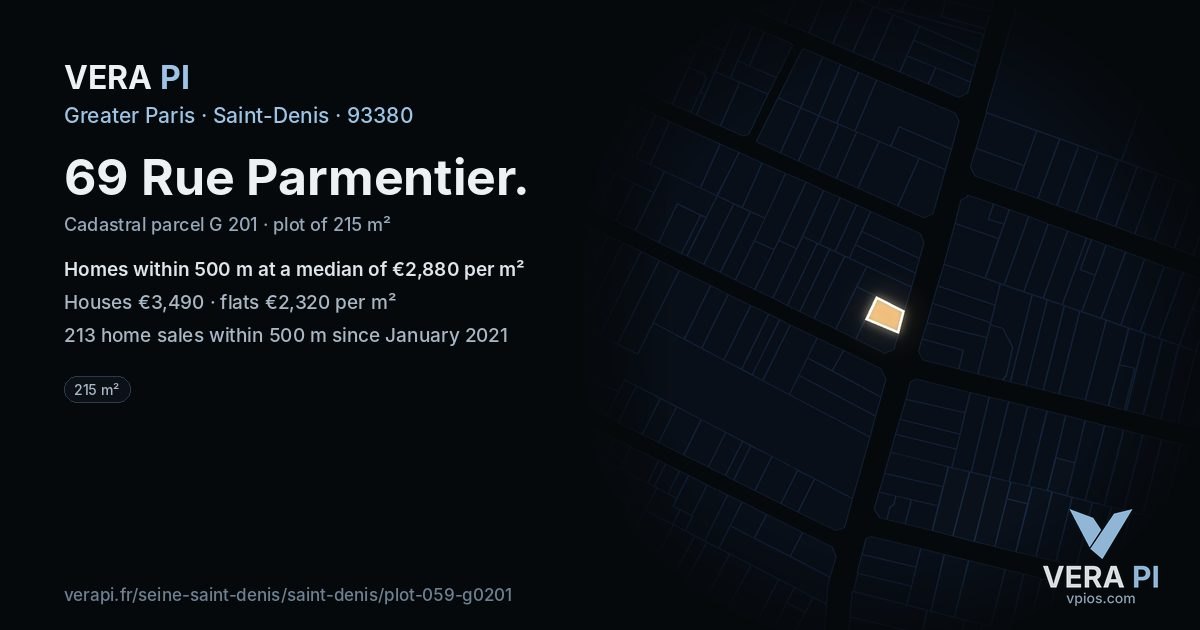 69 Rue Parmentier, Saint-Denis at night – the plot lit, the parcels around coloured by the prices near them