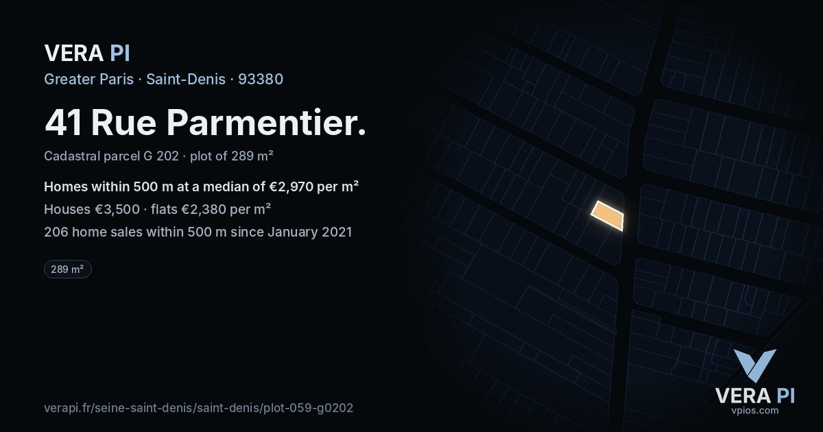 41 Rue Parmentier, Saint-Denis at night – the plot lit, the parcels around coloured by the prices near them