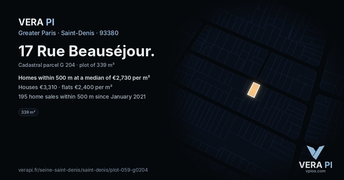 17 Rue Beauséjour, Saint-Denis at night – the plot lit, the parcels around coloured by the prices near them