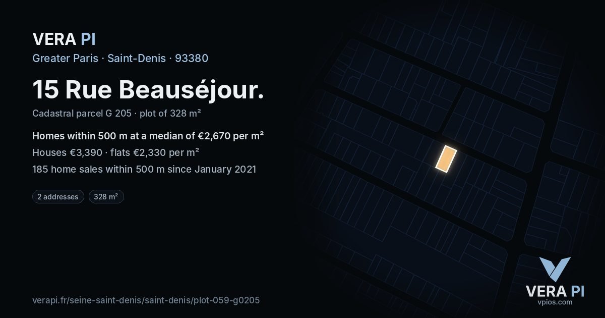 15 Rue Beauséjour, Saint-Denis at night – the plot lit, the parcels around coloured by the prices near them