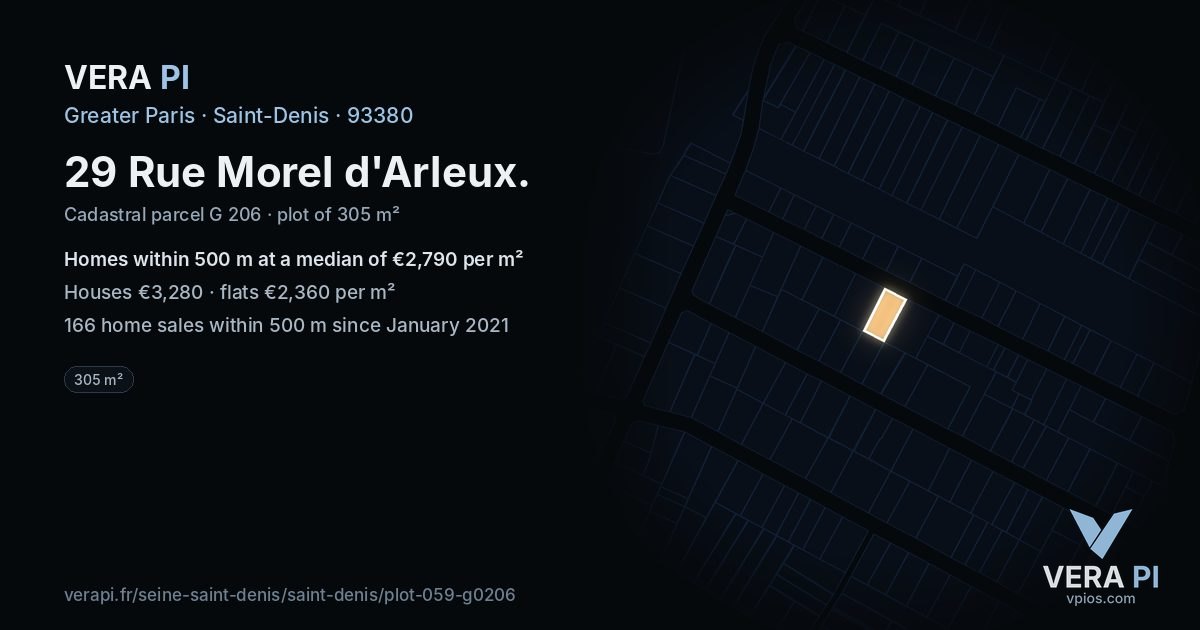 29 Rue Morel d'Arleux, Saint-Denis at night – the plot lit, the parcels around coloured by the prices near them