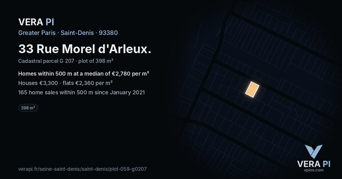 33 Rue Morel d'Arleux, Saint-Denis at night – the plot lit, the parcels around coloured by the prices near them