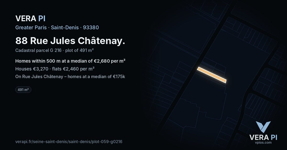 88 Rue Jules Châtenay, Saint-Denis at night – the plot lit, the parcels around coloured by the prices near them