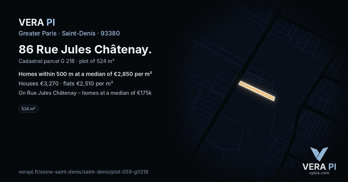 86 Rue Jules Châtenay, Saint-Denis at night – the plot lit, the parcels around coloured by the prices near them