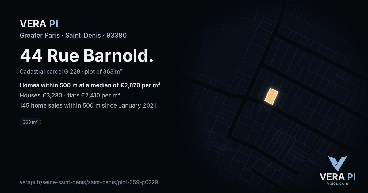44 Rue Barnold, Saint-Denis at night – the plot lit, the parcels around coloured by the prices near them
