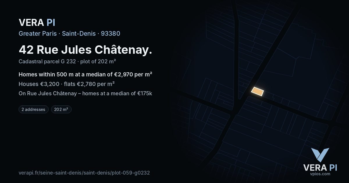 42 Rue Jules Châtenay, Saint-Denis at night – the plot lit, the parcels around coloured by the prices near them