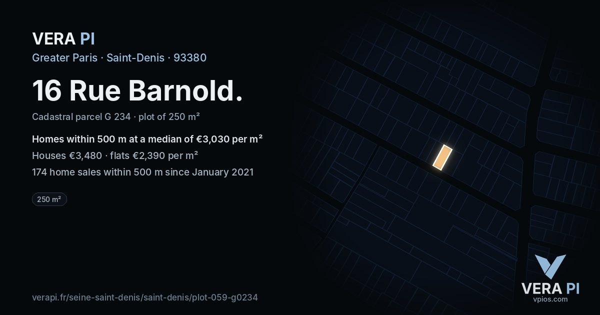 16 Rue Barnold, Saint-Denis at night – the plot lit, the parcels around coloured by the prices near them