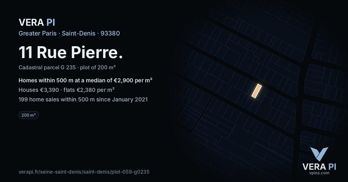 11 Rue Pierre, Saint-Denis at night – the plot lit, the parcels around coloured by the prices near them