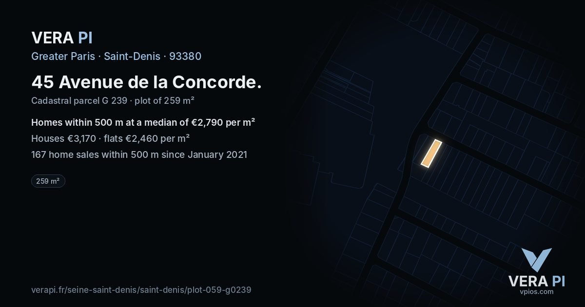 45 Avenue de la Concorde, Saint-Denis at night – the plot lit, the parcels around coloured by the prices near them