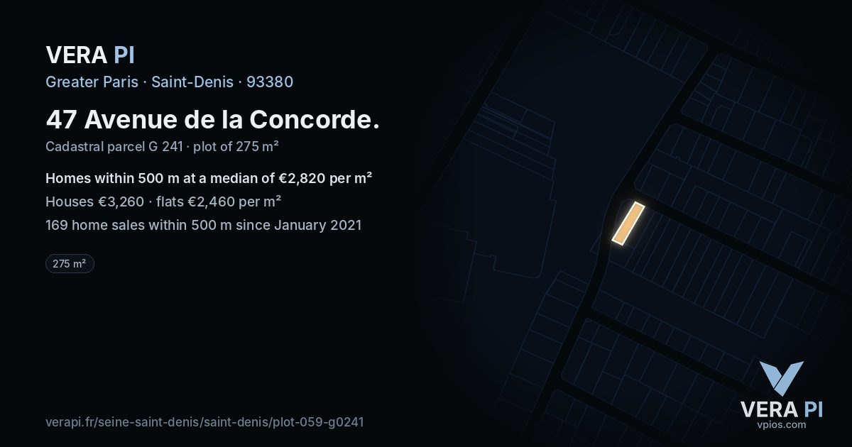 47 Avenue de la Concorde, Saint-Denis at night – the plot lit, the parcels around coloured by the prices near them
