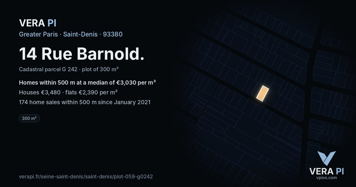 14 Rue Barnold, Saint-Denis at night – the plot lit, the parcels around coloured by the prices near them