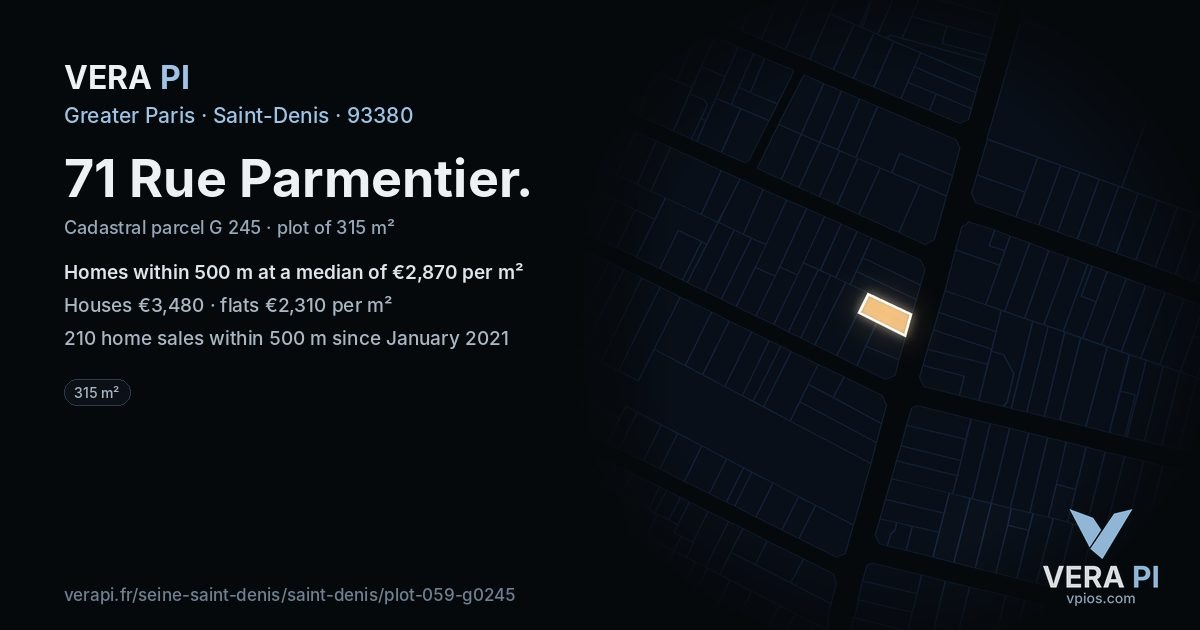 71 Rue Parmentier, Saint-Denis at night – the plot lit, the parcels around coloured by the prices near them