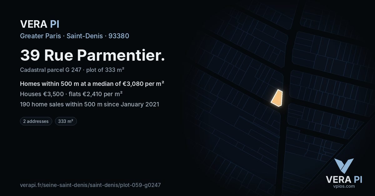 39 Rue Parmentier, Saint-Denis at night – the plot lit, the parcels around coloured by the prices near them