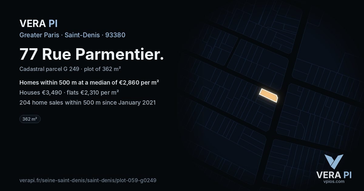 77 Rue Parmentier, Saint-Denis at night – the plot lit, the parcels around coloured by the prices near them