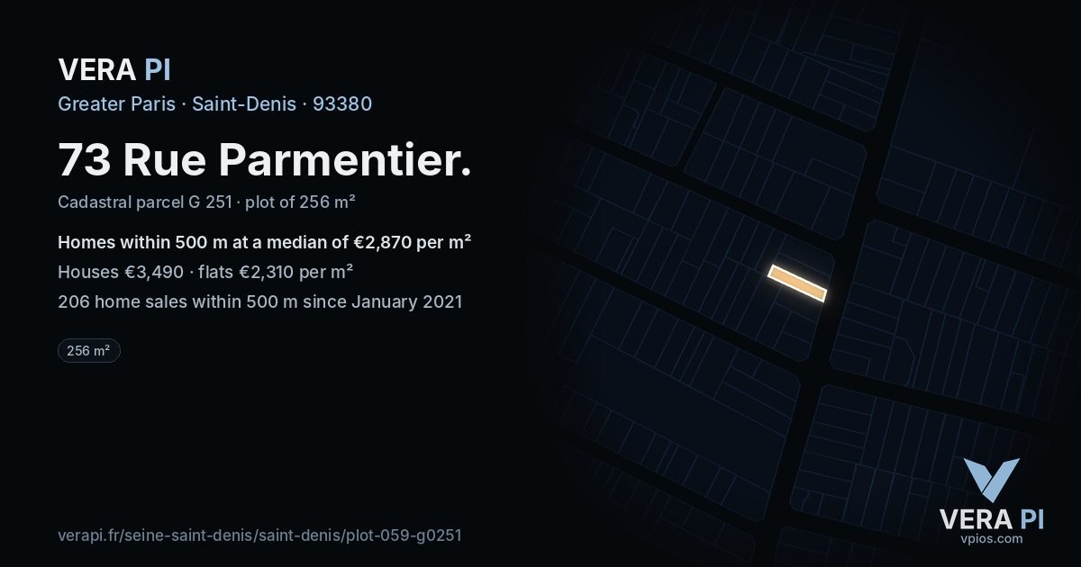 73 Rue Parmentier, Saint-Denis at night – the plot lit, the parcels around coloured by the prices near them