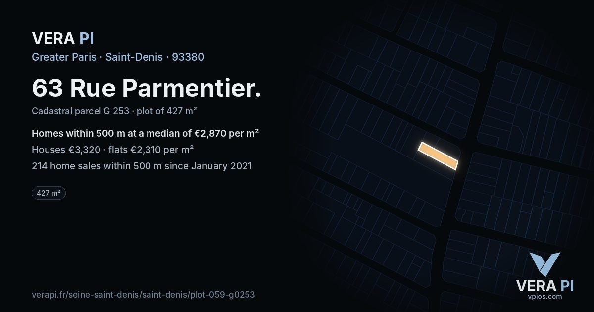 63 Rue Parmentier, Saint-Denis at night – the plot lit, the parcels around coloured by the prices near them